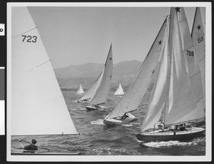 Eight sailboats, showing four tilting into each other, ca.1940