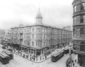 Exterior view of the Hollenbeck Hotel at the intersection of Second Street and Spring Street, Los Angeles, ca.1905