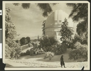Exterior view of Mount Wilson Observatory in snow, ca.1930-1940