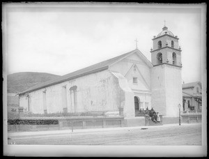 Mission San Buenaventura, California. Exterior view of front and west side, ca.1888