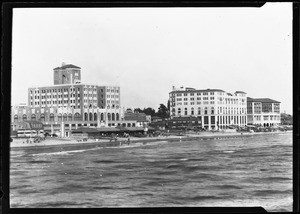 View of the Edgewater, Breakers, and Castle Del Mar Beach Clubs in Santa Monica, looking south from the water, 1920