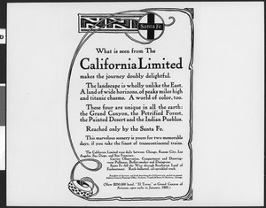 Santa Fe Railway advertisement, detailing the "California Limited" route, ca.1920