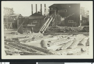 Unidentified lumber yard, showing the beginning of a flume, ca.1930