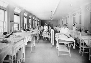 Interior view of the maternity ward at the Los Angeles County General Hospital, ca.1925