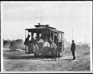 Street car from the Steam Motorcar Line on Santa Fe Avenue and 9th Street, Los Angeles, ca.1897