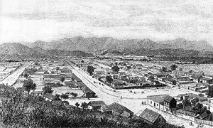 Drawing "A Flower from the Golden Land" by Ludwig Louis Salvator depicting north Broadway from Hill Street south of Sunset Boulevard in Sonora Town, ca.1870