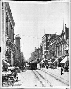 View looking south on Broadway from First Street in downtown Los Angeles, 1904-1905