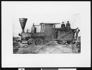 Old wood burner locomotive at Santa Cruz, ca.1880