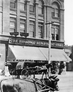 Exterior of The Broadway Department Store established by Arthur Letts on Feb. 27th, 1896 on the corner of Broadway and Fourth Street (streetscape) ca.1899