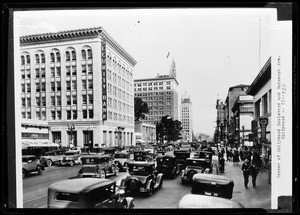 Buildings and traffic at the corner of Hollywood Boulevard and Cahuenga Avenue, Hollywood, September 1930