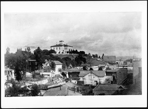 High school building on Fort Moore Hill taken from the Nadeau Hotel on First Street and Hill Street, ca.1883