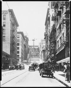 View of the Angels Flight, looking west on Third Street towards the corner of Hill Street, Los Angeles, ca.1910