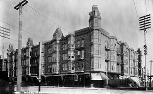 Exterior view of the Westminster Hotel on the corner of Main Street and Fourth Street, ca.1895