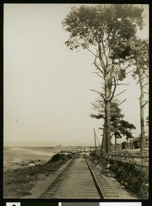 View down railroad tracks in Pacific Grove, ca.1900