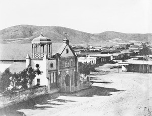 Exterior of the Plaza Church in Los Angeles, taken by Edward Vischer, before 1875