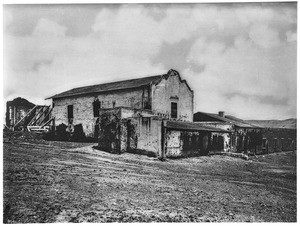 Exterior view of Mission San Diego de Alcala (founded 1769), from the southwest, before 1883