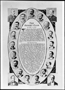 Collection of individual portraits of Sunset Club members set around a written history of the founding of the club, 1895