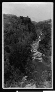 Birdseye view of a river in Iron Canyon, Chico, ca.1910