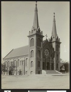 Catholic Church as viewed at an angle in Red Bluff, 1900-1940