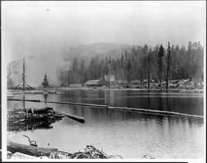 View of Shave Lake in Fresno, showing the mill in the distance, ca.1910