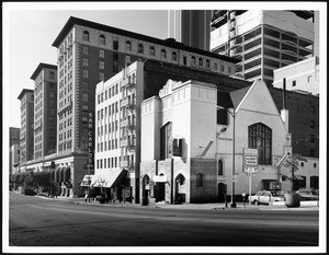 View of the west side of Olive Street at Fifth Street, showing the First German United Methodist Church, 1985(?)