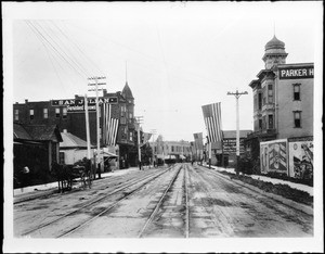 Fifth Street looking west from Towne Avenue, with flags displayed, May 1891