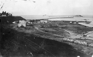 View of the E.K. Lumber Company yard at Timm's Point, showing Dead Man's Island in the background