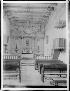 Interior view of Mission San Miguel Arcangel, California, showing the altar and pulpit, ca.1904