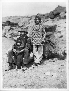 Hopi governor and his little daughter with Dr. George Wharton James, ca.1900