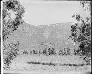 Distant view of the mountains, The Arrowhead geological monument and the Arrowhead Springs Hotel and Spa, Arrowhead Springs, San Bernardino, CA