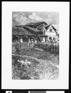 Drawing of the Mission San Antonio de Padua, showing sheep