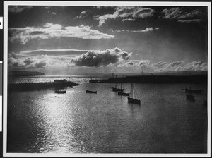 Several boats at anchor in a moonlight study of sky and sea, ca.1890-1910