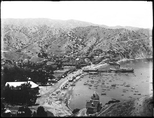 Panoramic view of Avalon Harbor, showing crowds walking along the harbor, Santa Catalina Island, 1905