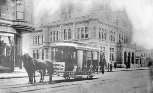 Horse-drawn streetcar on Main Street and Winston Street, showing the Post Office, ca.1892