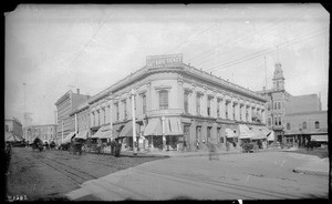 Exterior of the Temple Block from the south on Spring Street and Main Street, looking north from Market Street, ca.1890