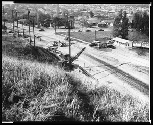 View of street construction on Ventura Boulevard in Woodland Hills, 1950-1959
