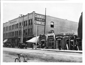 Exterior view of the Chamber of Commerce building on Broadway at Fourth Street, Los Angeles, ca.1900