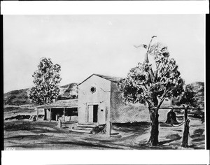 Drawing of the Little Church of Agua Mansa by Ingersoll, San Bernardino, ca.1852-1880