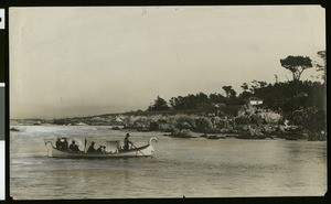 View of a small glass bottom rowboat in Pacific Grove, Monterey, ca.1900