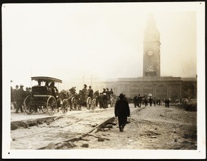 San Francisco eathquake damage, showing people heading toward the Ferry Building, 1906