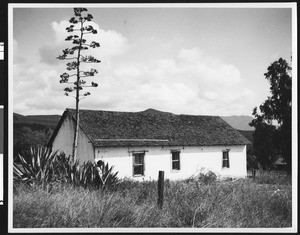 Exterior view of the rear of a Pauma Indian Mission Church, ca.1900