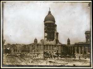 San Francisco earthquake damage, showing a crowd in front of the ruins of City Hall, 1906