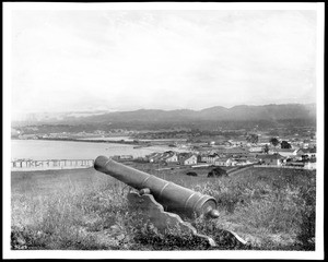 Spanish cannon on a hill in Monterey where a fort once stood, ca.1900