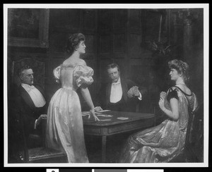 "The Cheat" by Hon. John Collier, a painting depicting four people playing cards, ca.1900