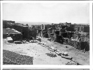 Low oblique view from above a street in the Hopi (Moki) pueblo of Oraibi, Arizona, ca.1898
