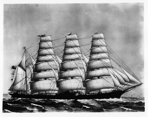 Drawing of a full-rigged sailing ship, ca.1900