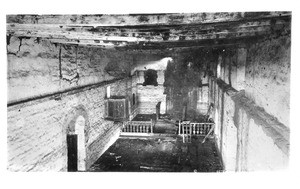 Interior view of Mission La Purisima Concepcion showing parts of the mission in dilapidated condition, ca.1880