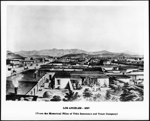 Lithograph by Charles Kuchel and Emil Dresel depicting Los Angeles looking north from Temple Street, ca.1857