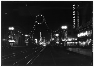 View of Hill Street, north from Ninth Street (night shot showing Christmas decorations), December 5, 1929