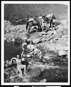 Women in bathing suits in a small mountain stream with horses nearby, ca.1940